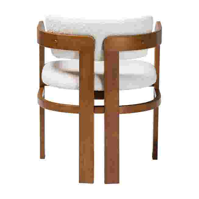 Back view of cream boucle dining chair with wooden frame