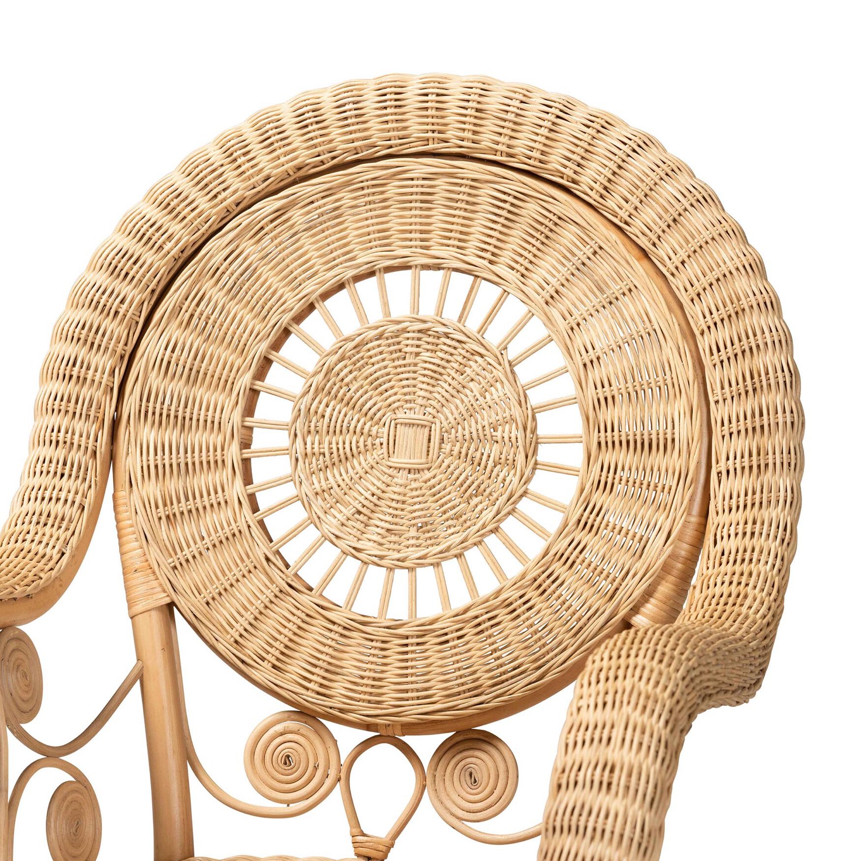 Close-up of circular woven backrest of rattan chair