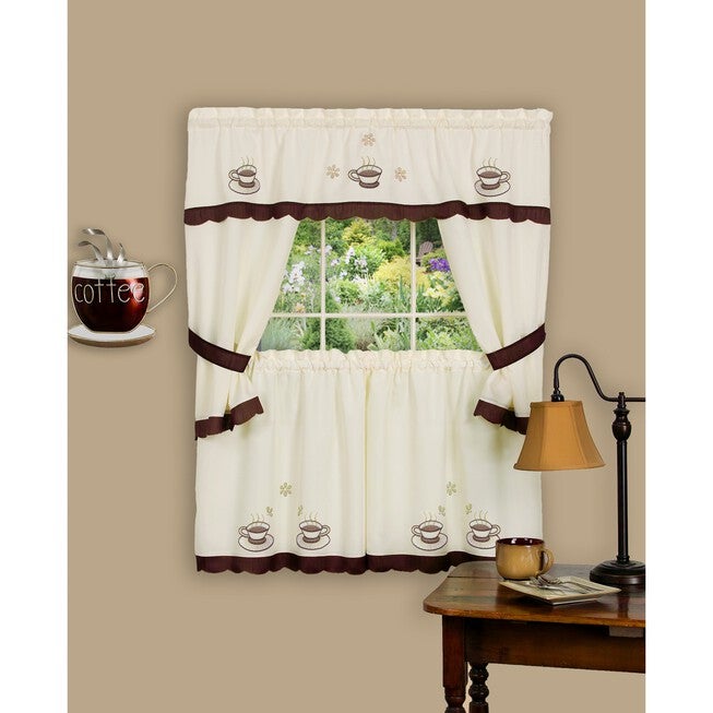 Cuppa Joe Embellished Cottage Window Curtain Set, BROWN, hi-res image number 0