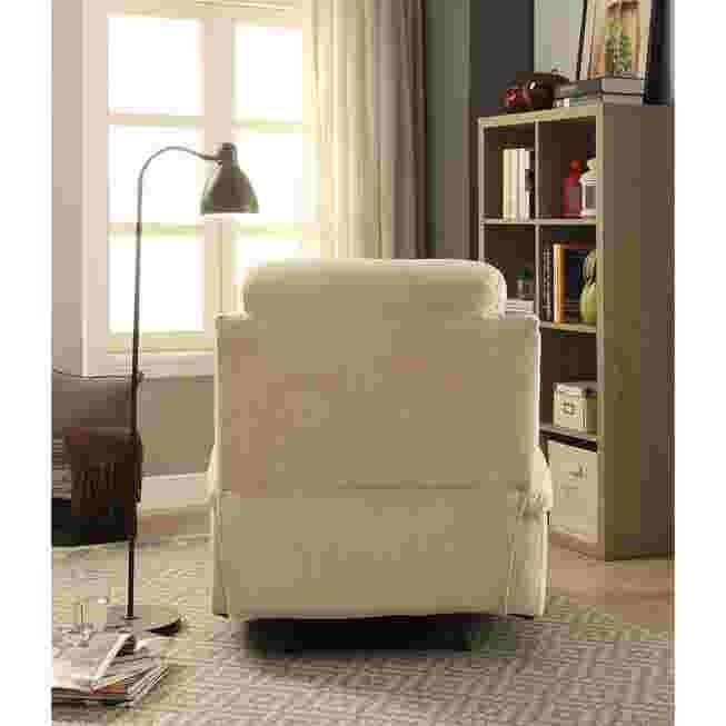 Beige recliner with arm rest and bookshelves