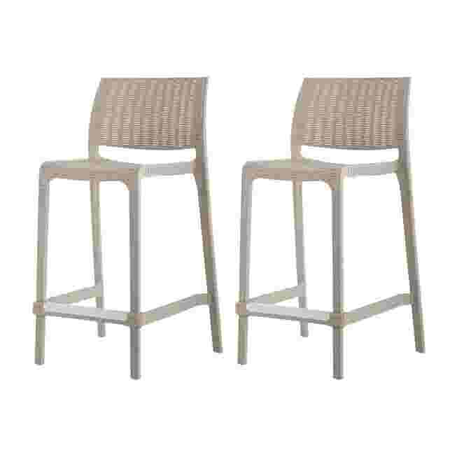Two outdoor stackable counter stools, light frame with woven seat backs