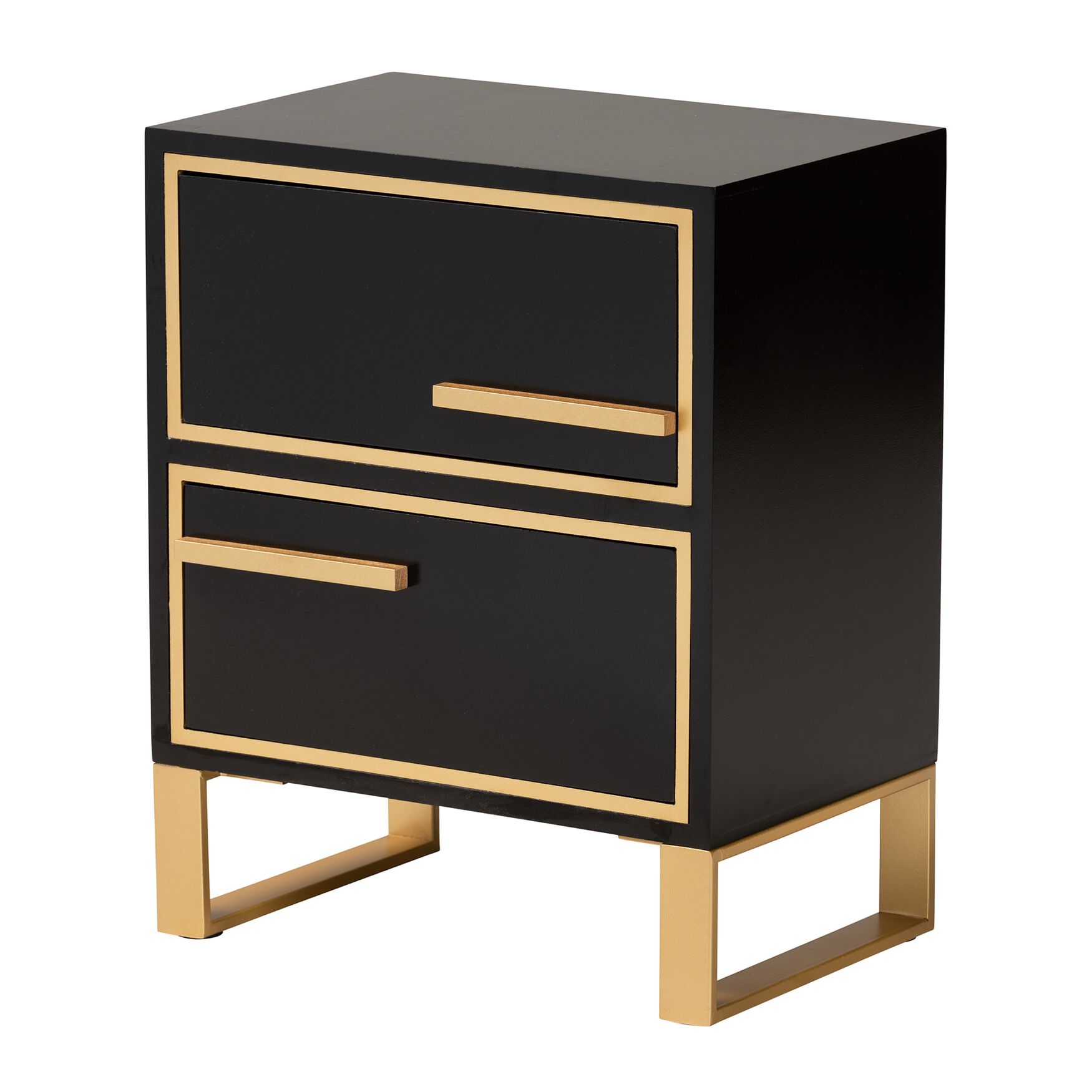 Black nightstand with gold trim and legs, two drawers