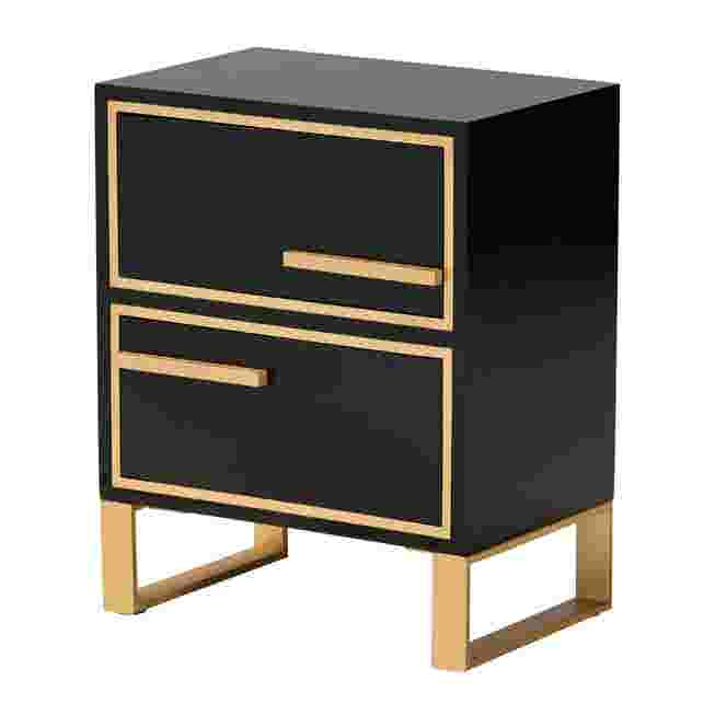 Black nightstand with gold trim and legs, two drawers