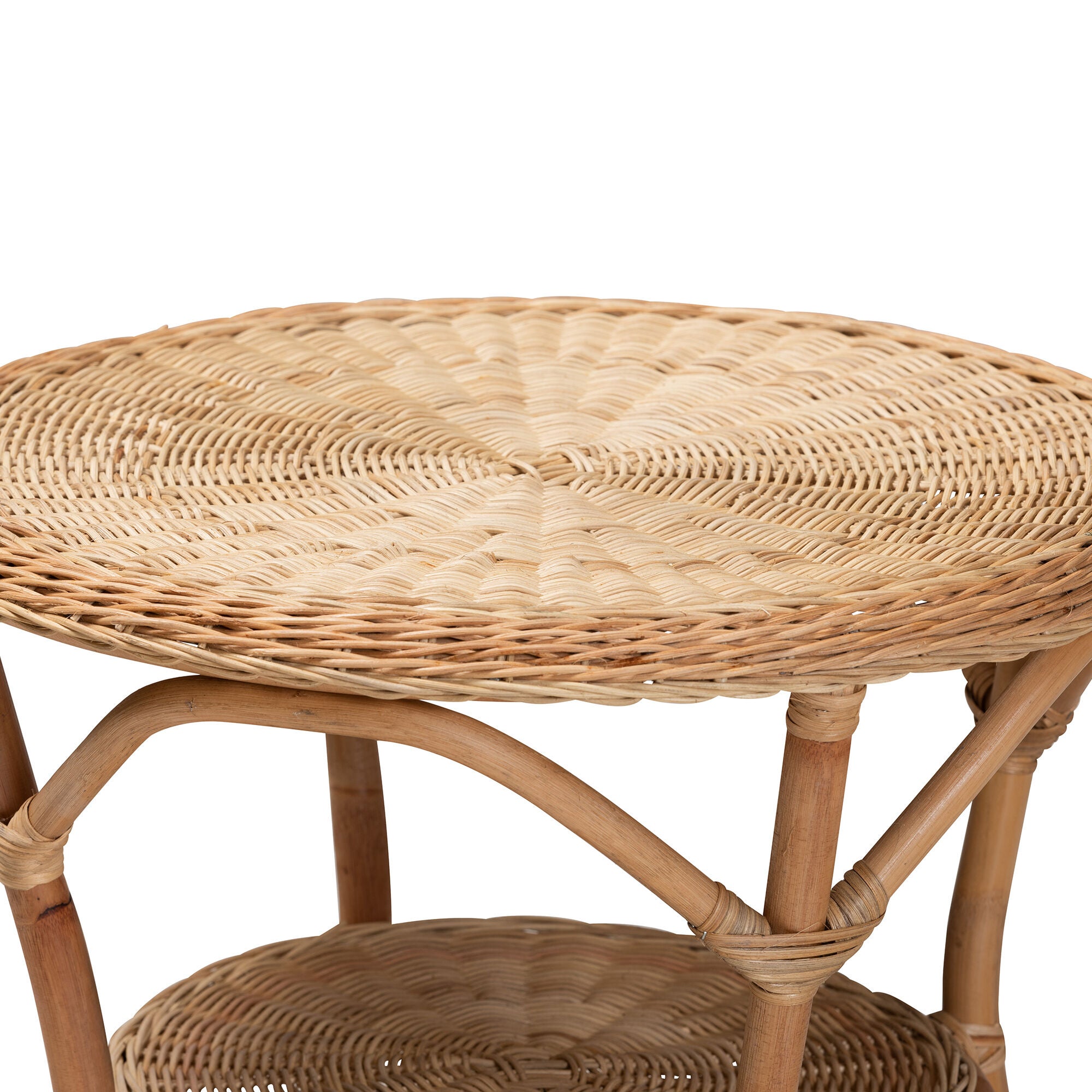 Close-up side view of round rattan coffee table top and lower shelf