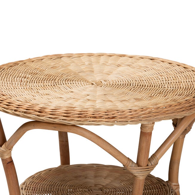 Close-up of round woven rattan coffee table top and edge