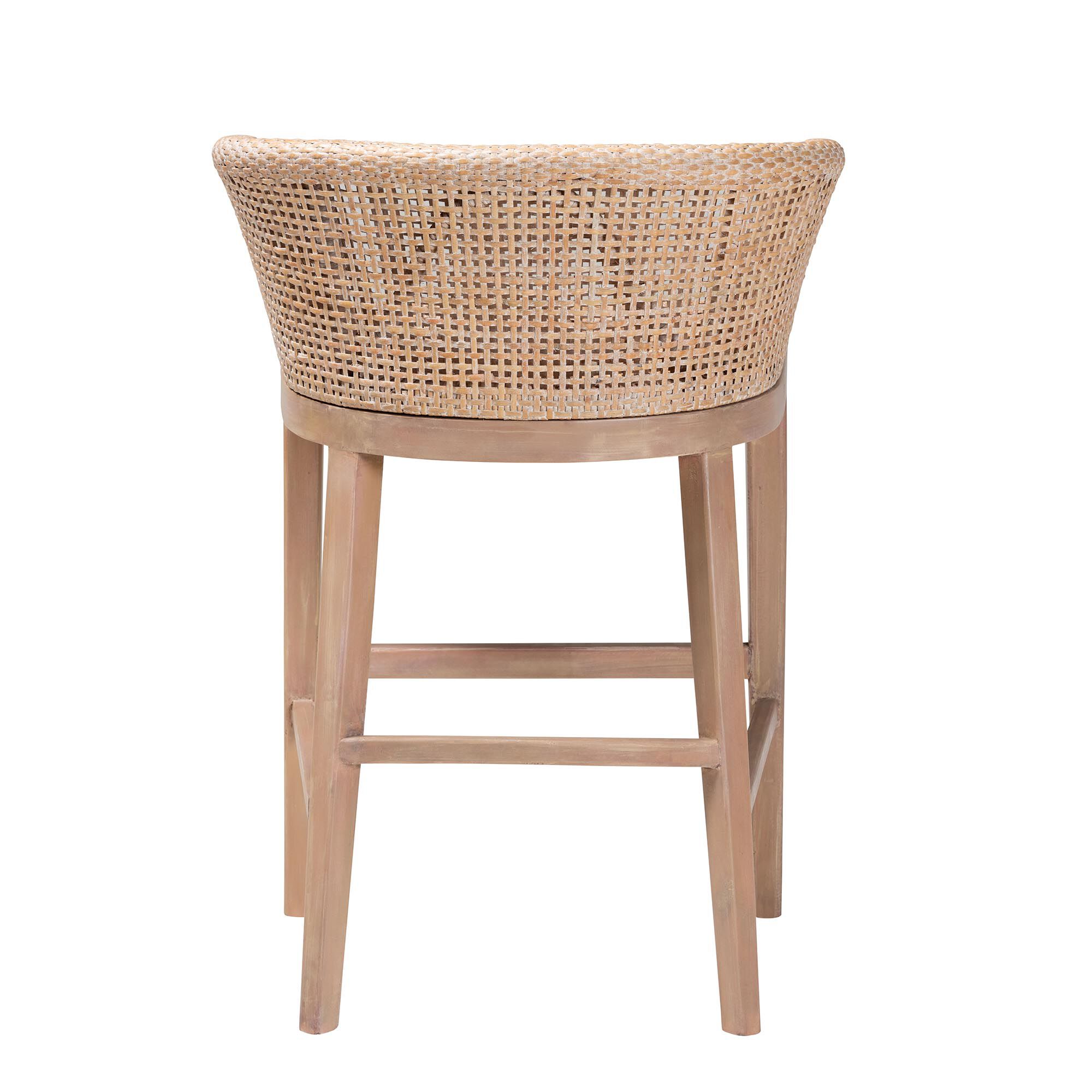 Papua Modern Bohemian Antique White Washed Rattan and Mahogany Wood Counter Stool, BROWN, alternate image number 5