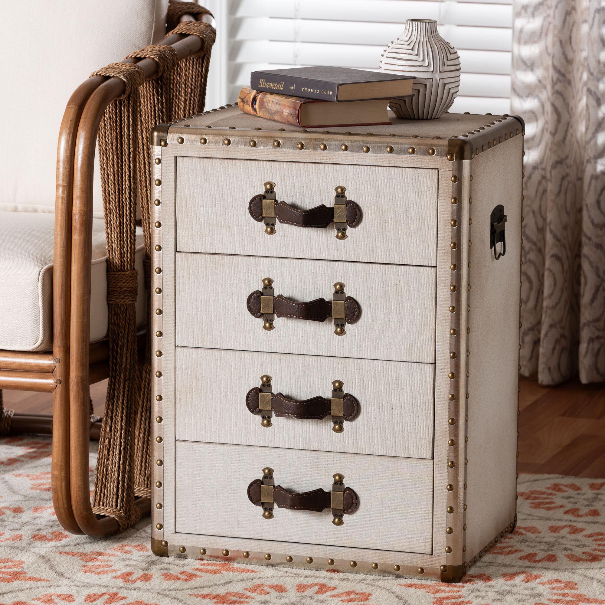 Jaelyn Vintage Black Canvas 4-Drawer End Table, BEIGE, hi-res image number 0