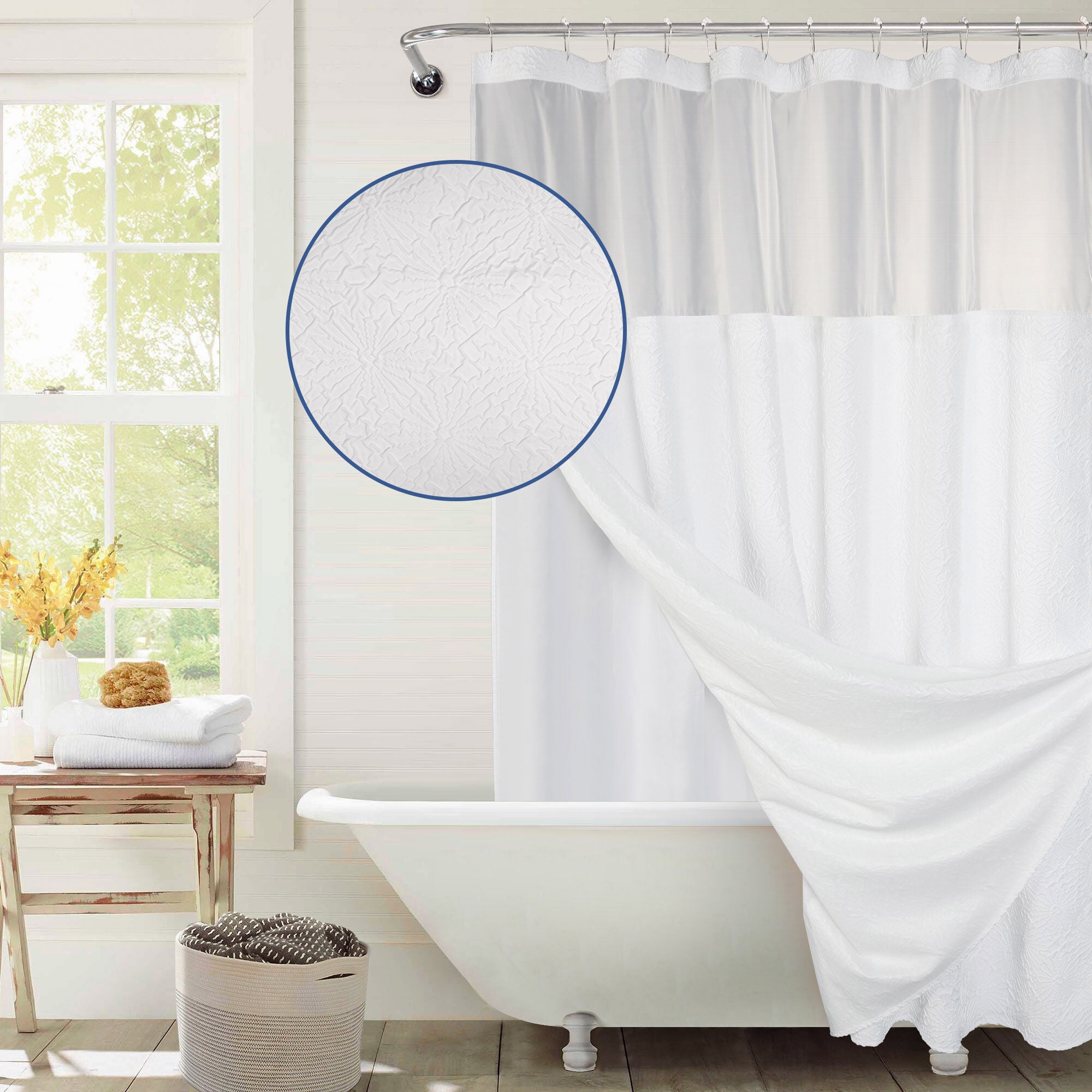 Starburst Crinkle Shower Curtain with Snap-in Liner, Hooks Included, WHITE, hi-res image number 0