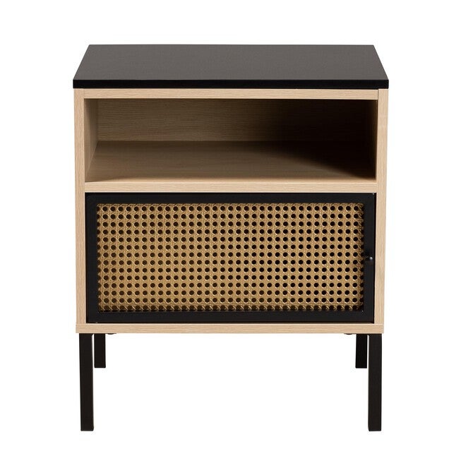 Felton Mid-Century Modern Two-Tone Black And Gold Metal And Light Brown Finished Wood 1-Door End Table, , alternate image number 2