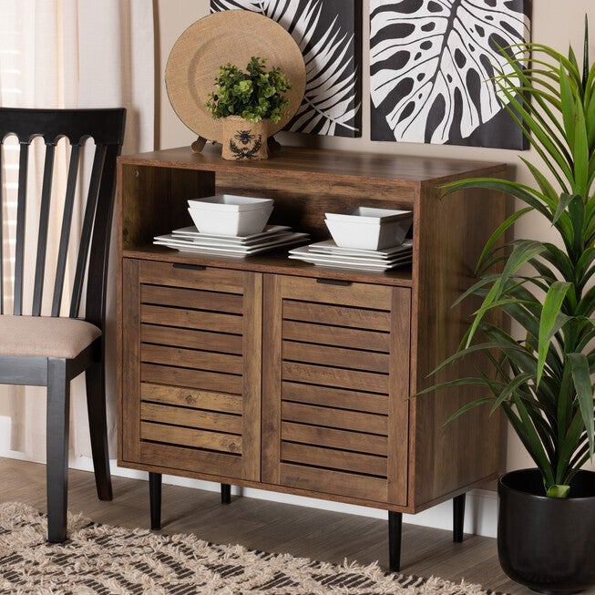 Baylah Mid-Century Modern Natural Brown Finished Wood And Black Metal 2-Door Sideboard, , alternate image number null