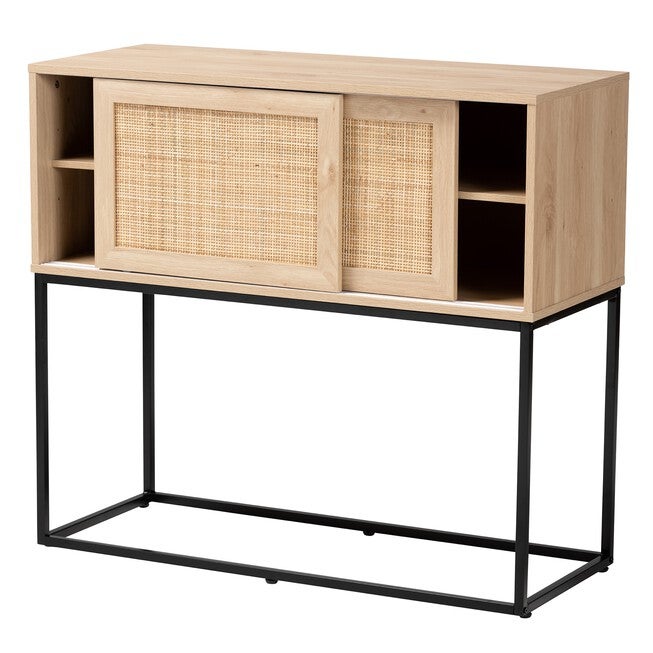 Amelia Mid-Century Modern Transitional Natural Brown Finished Wood And Natural Rattan Sideboard Buffet, , on-hover image number 1