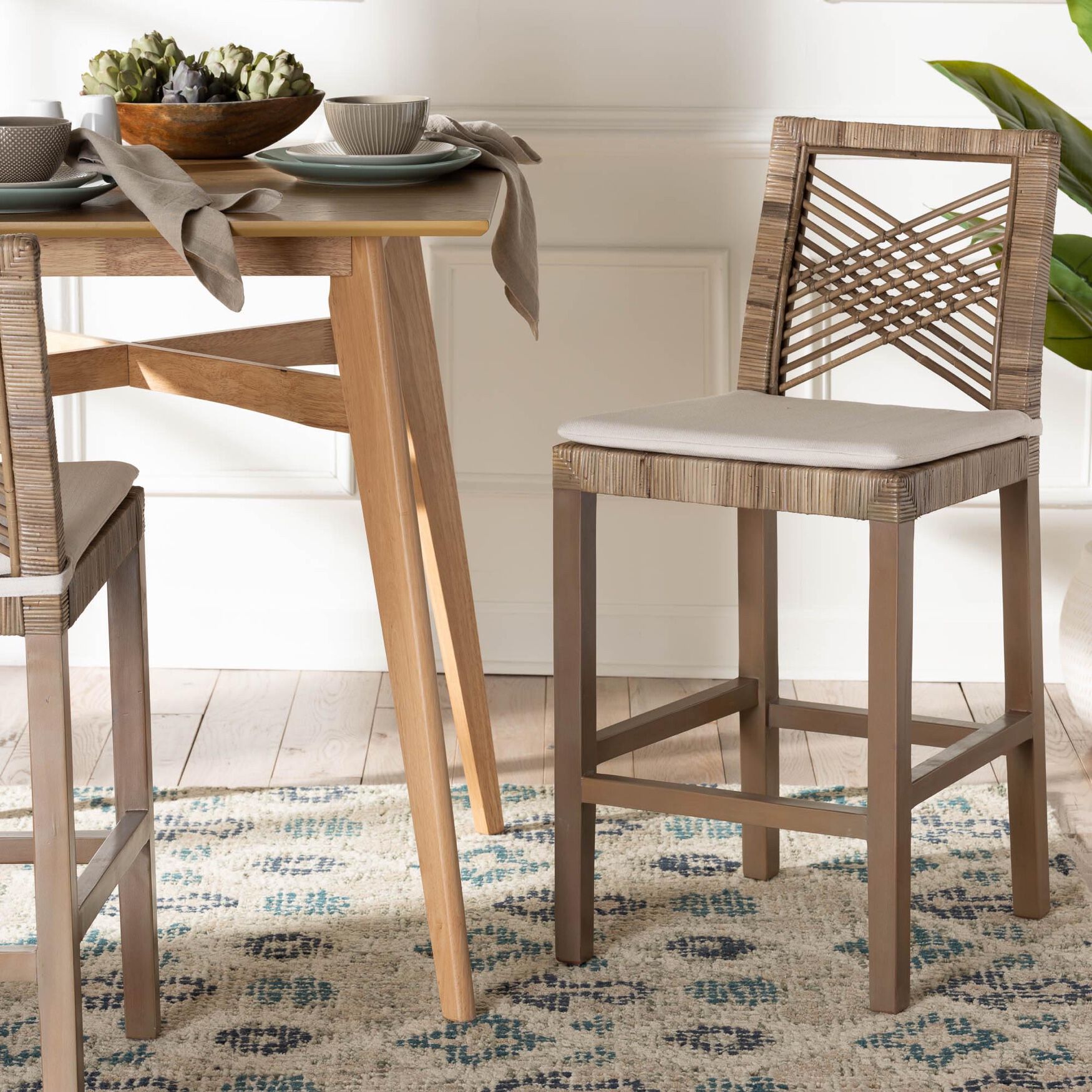 Poltak Modern Bohemian Grey Natural Kubu Rattan And Mahogany Wood Counter Stool, , alternate image number 6