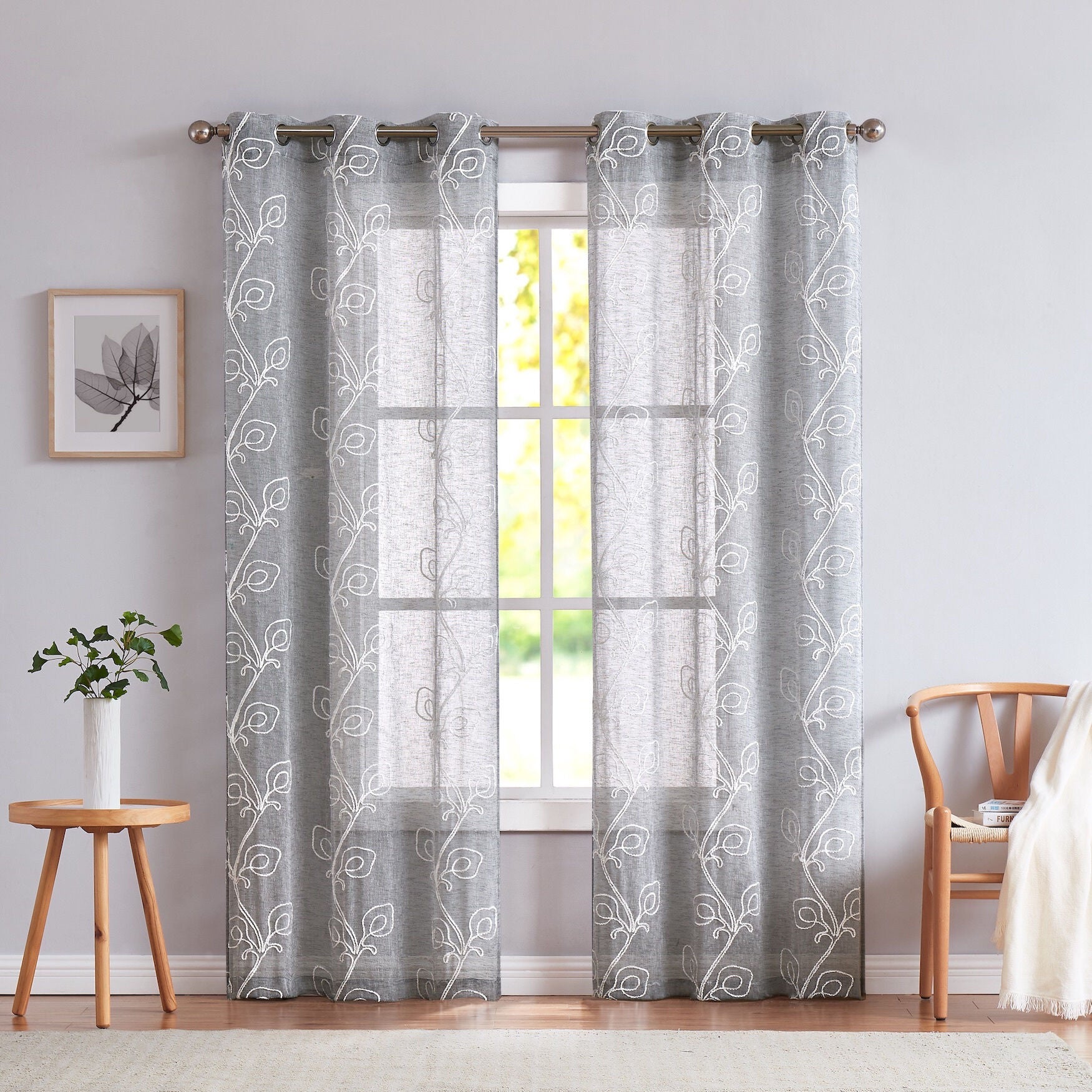 Stella Semi Sheer Floral Grommet Panel Pair, SILVER, hi-res image number 0