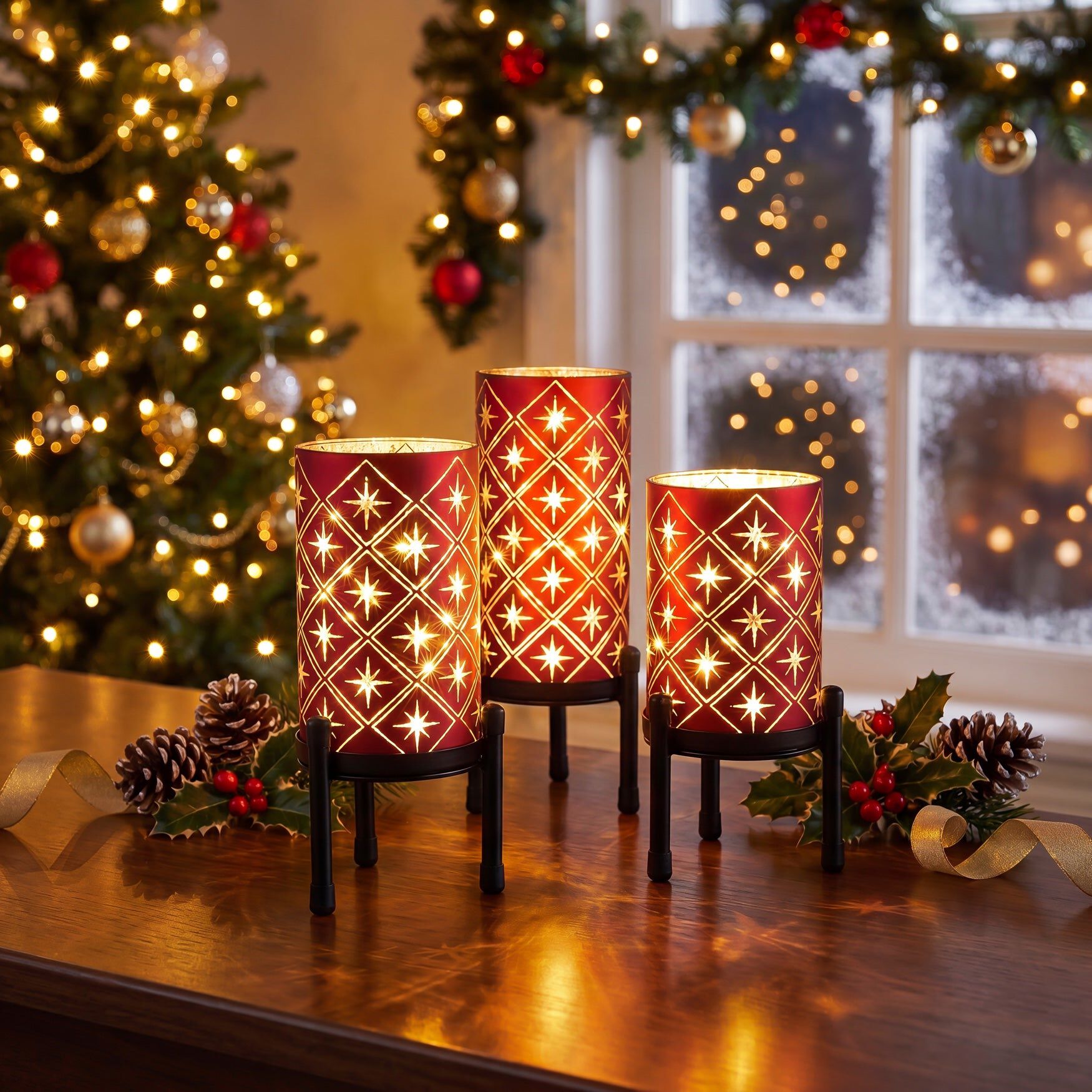 Pre-lit Glass Candle Holders, Set of 3