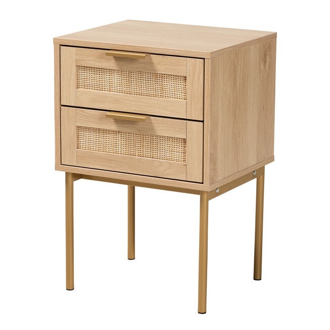 Dewitt Japandi Light Brown Finished Wood And Gold Metal 2-Drawer End Table, LIGHT BROWN, hi-res image number null