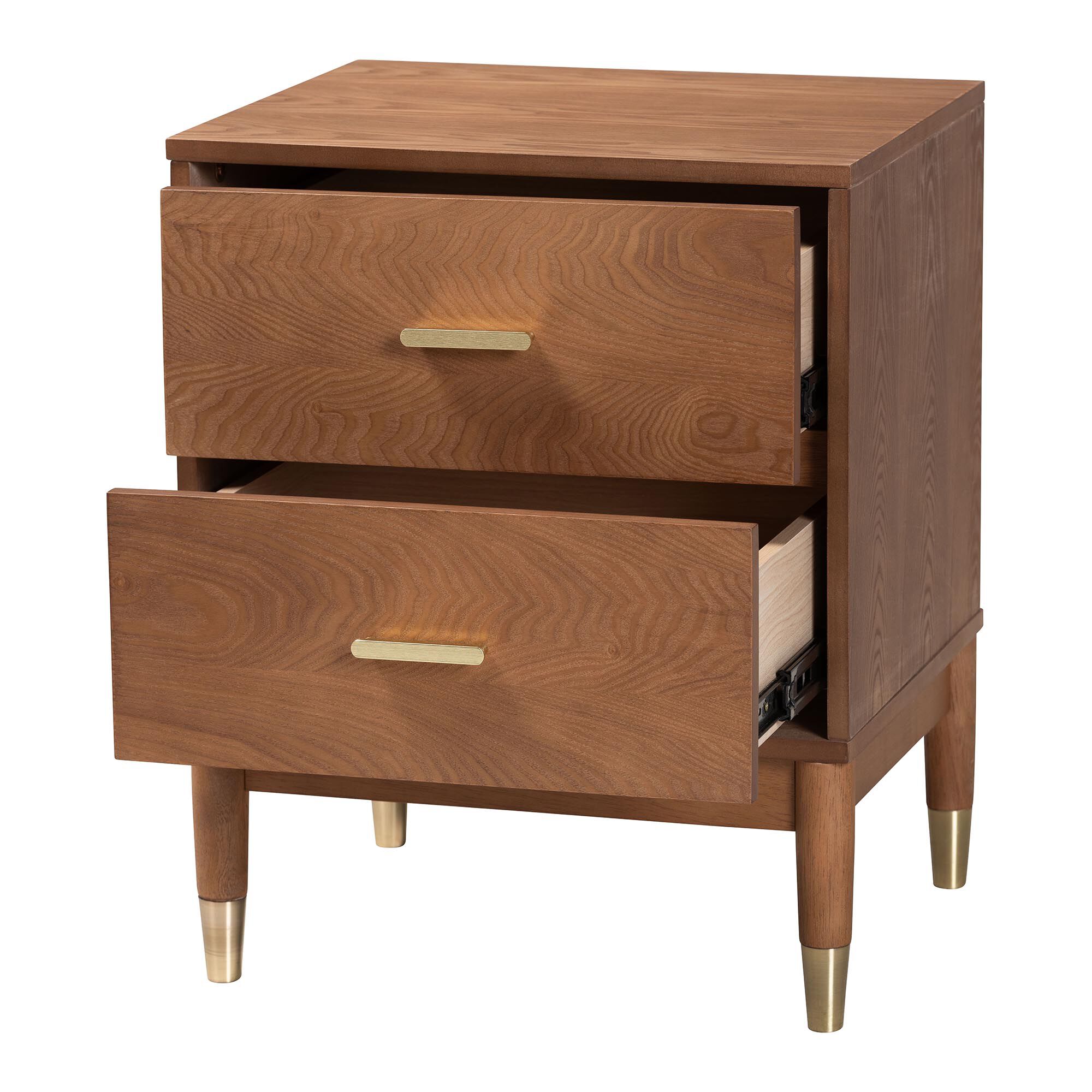 Mandolin Mid-Century Ash Walnut Wood 2-Drawer Nightstand, BROWN, alternate image number 2