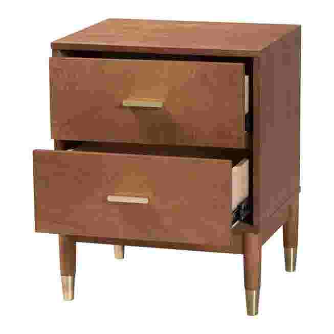 Nightstand with two drawers, one open, showing interior