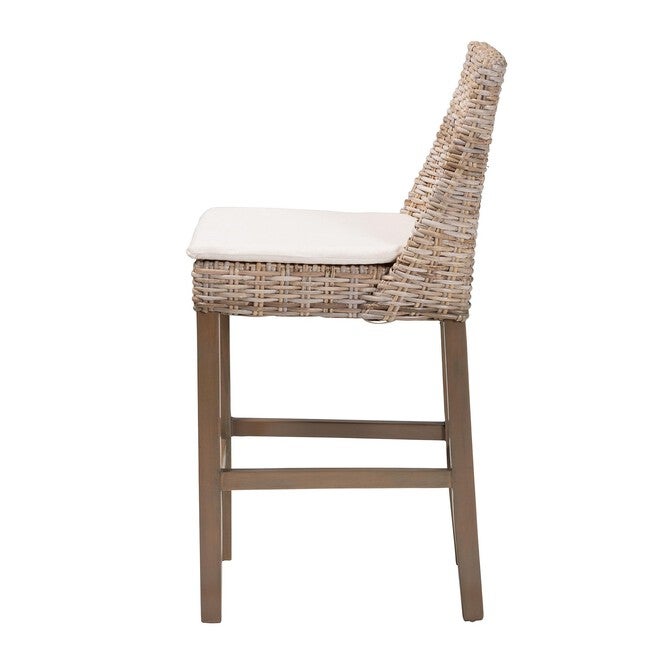 Toby Modern Bohemian Grey Kubu Rattan And Rustic Taupe Finished Mahogany Wood Counter Stool, , alternate image number 2