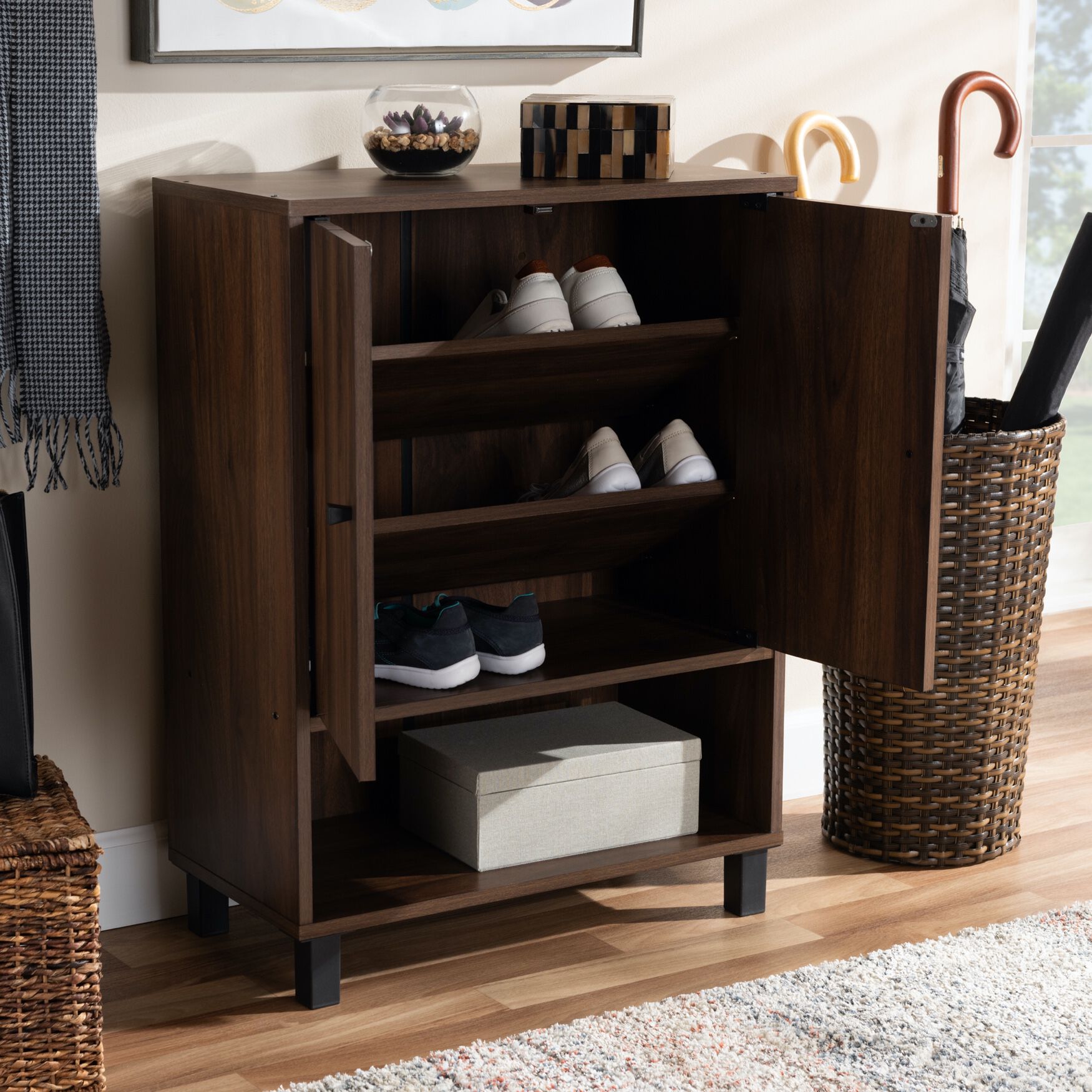 Rossin Modern and Contemporary Walnut Brown Finished 2-Door Wood Entryway Shoe Storage Cabinet, , alternate image number 13