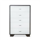 White chest of drawers with dark frame and five small handles