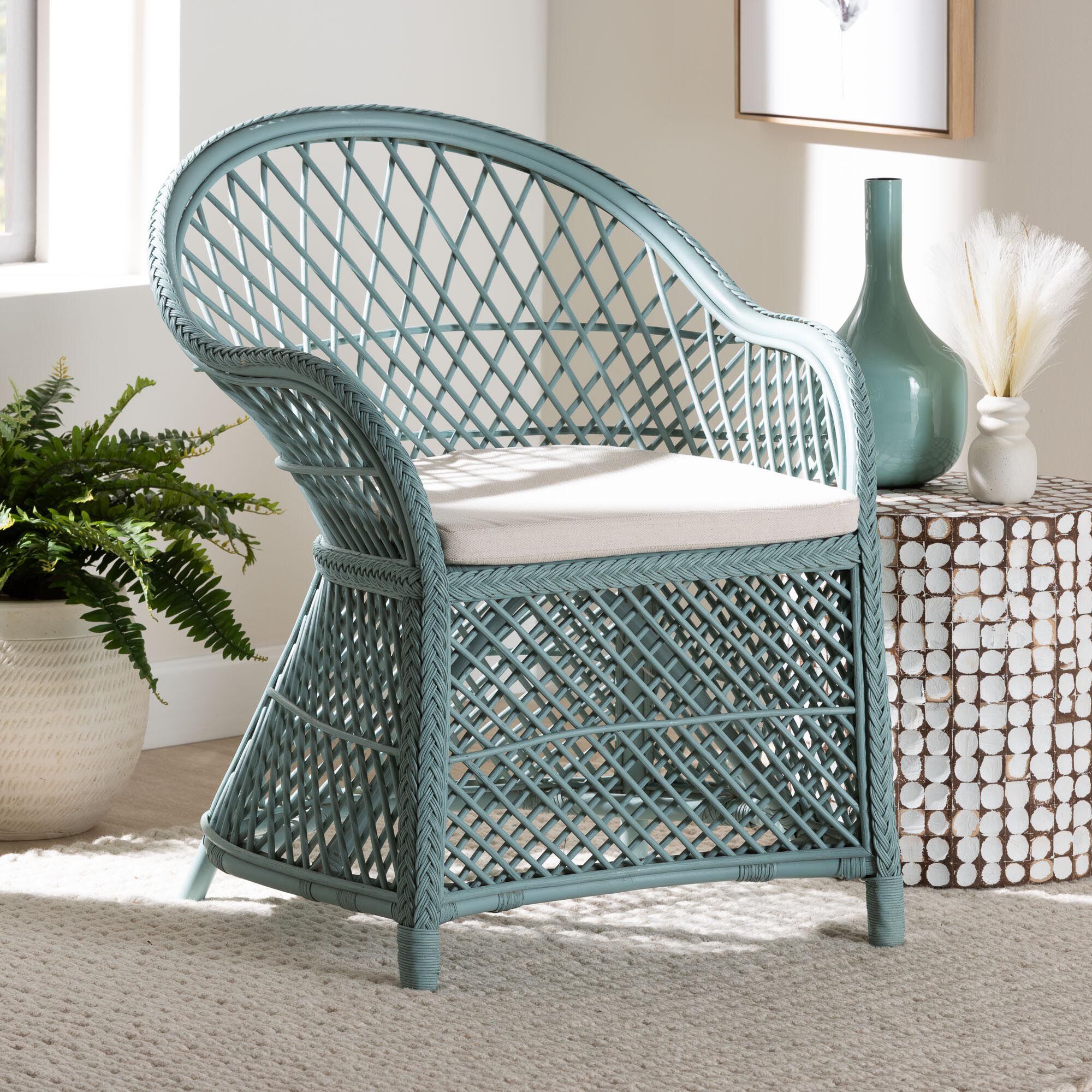Casilda Bohemian Light Blue Braided Rattan Arm Chair, PASTEL, hi-res image number 0