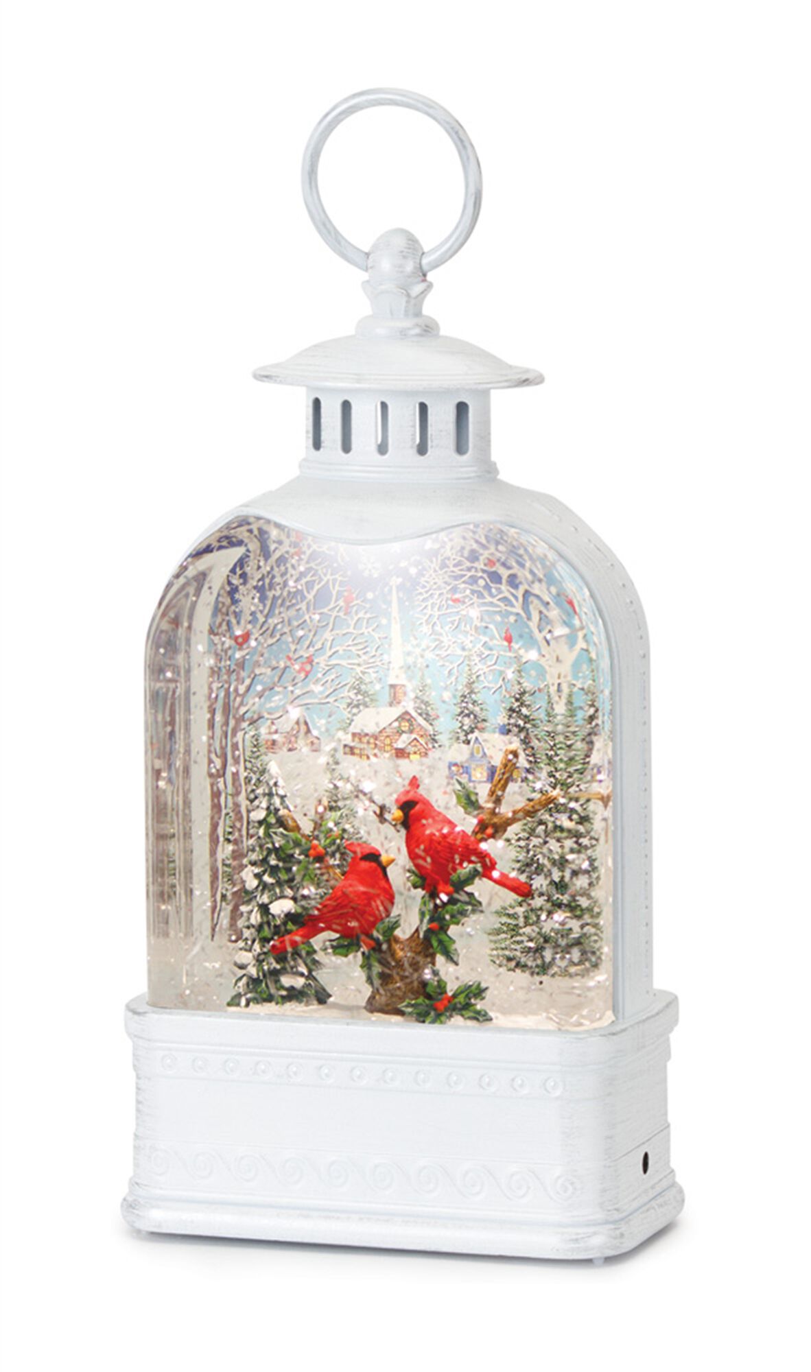LED Snow Globe Lantern with Cardinal Forest Scene 10.5 inchesH, WHITE RED GREEN, hi-res image number 0