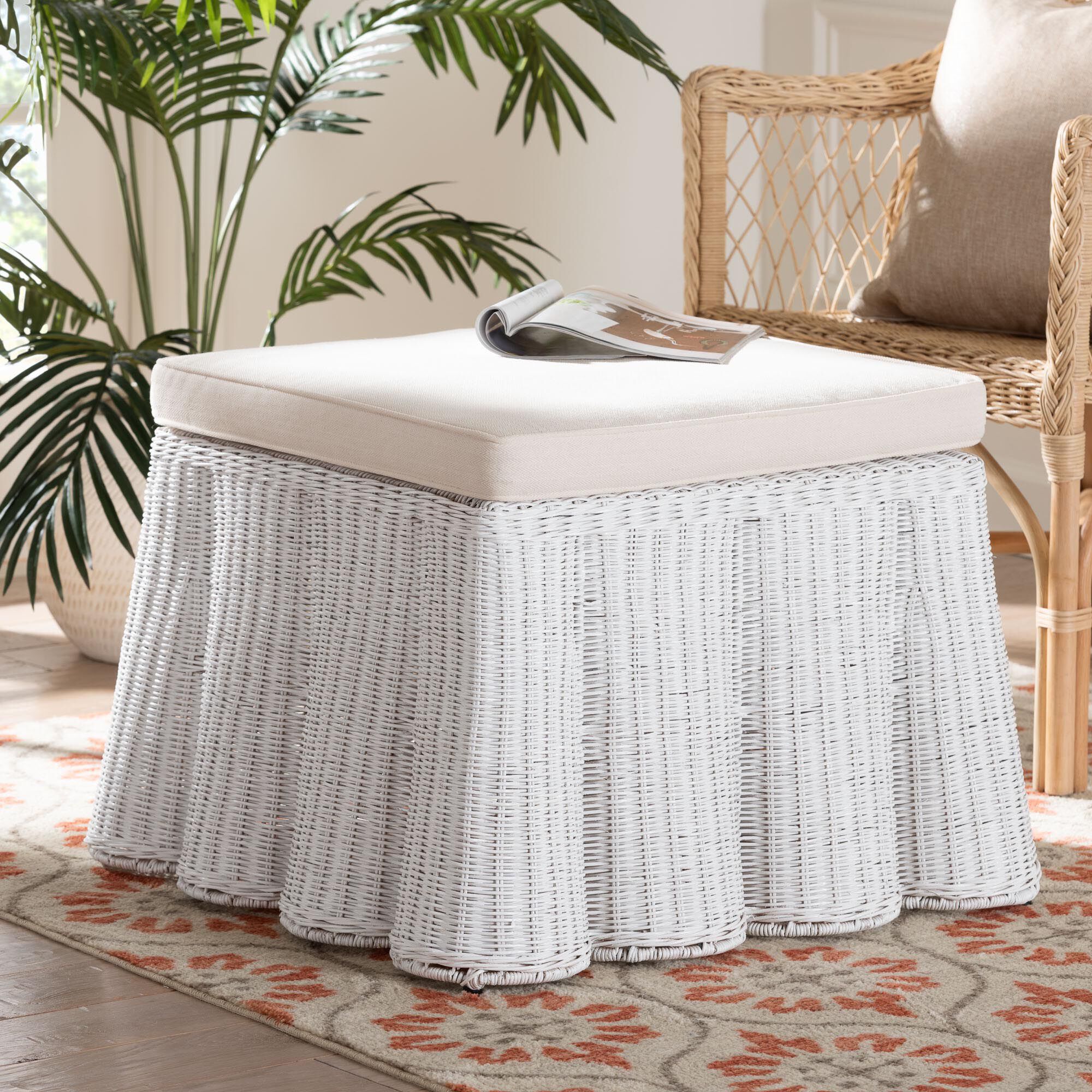 Palm Bohemian White Scallop Rattan Ottoman, WHITE, hi-res image number 0
