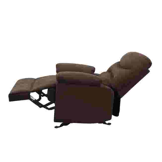 Dark brown motion glider recliner reclined side view with visible base mechanism