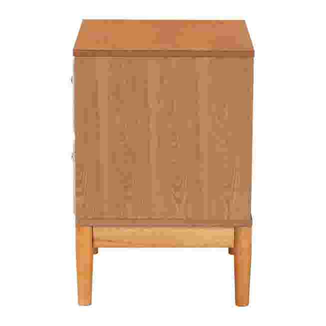 Side view of a grey corduroy nightstand with oak wood frame