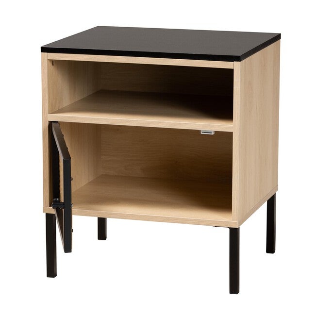 Felton Mid-Century Modern Two-Tone Black And Gold Metal And Light Brown Finished Wood 1-Door End Table, , on-hover image number 1