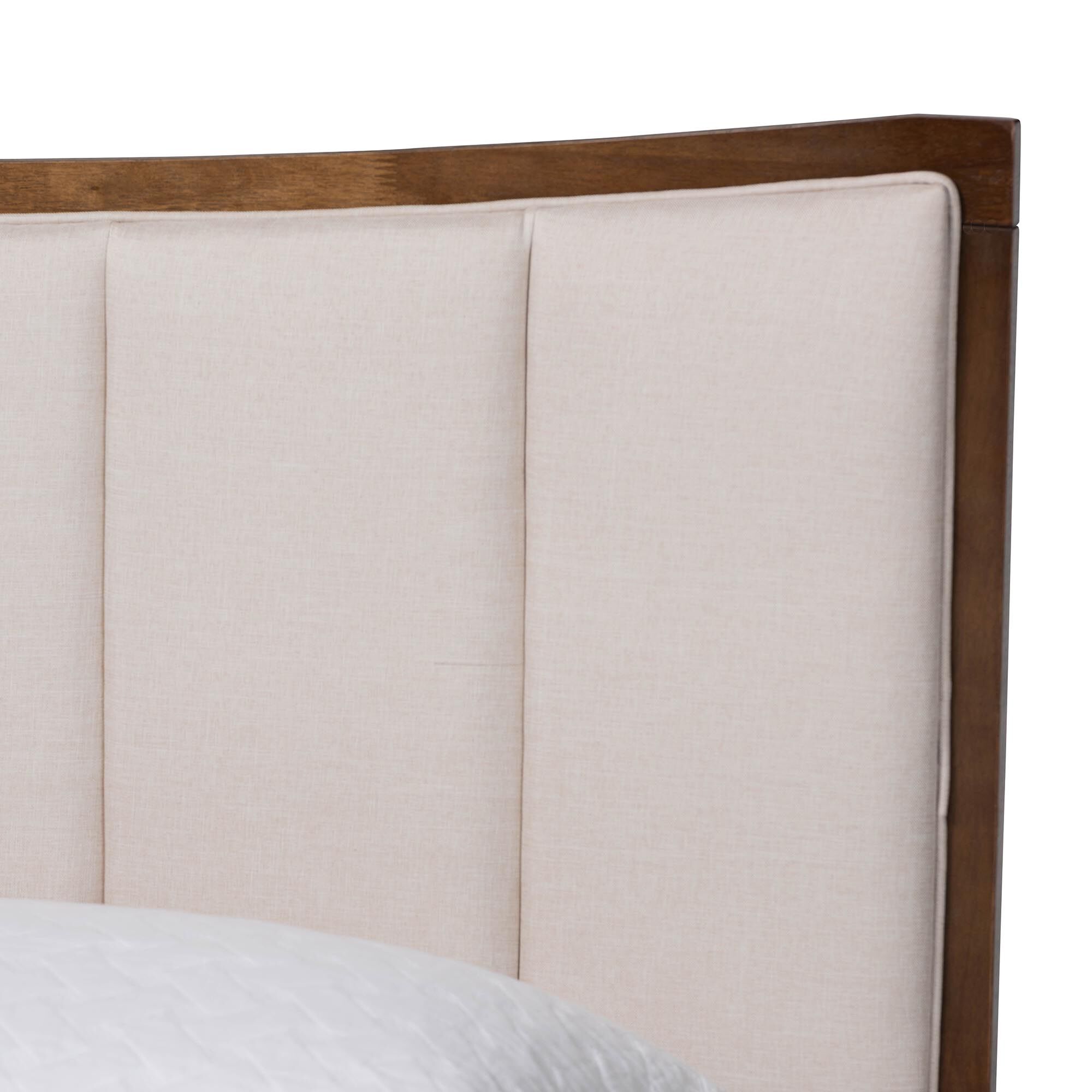 Nikolai Mid-Century Channel Tufted Beige Fabric and Wenge Brown Wood Queen Bed, BEIGE/WENG, alternate image number 4