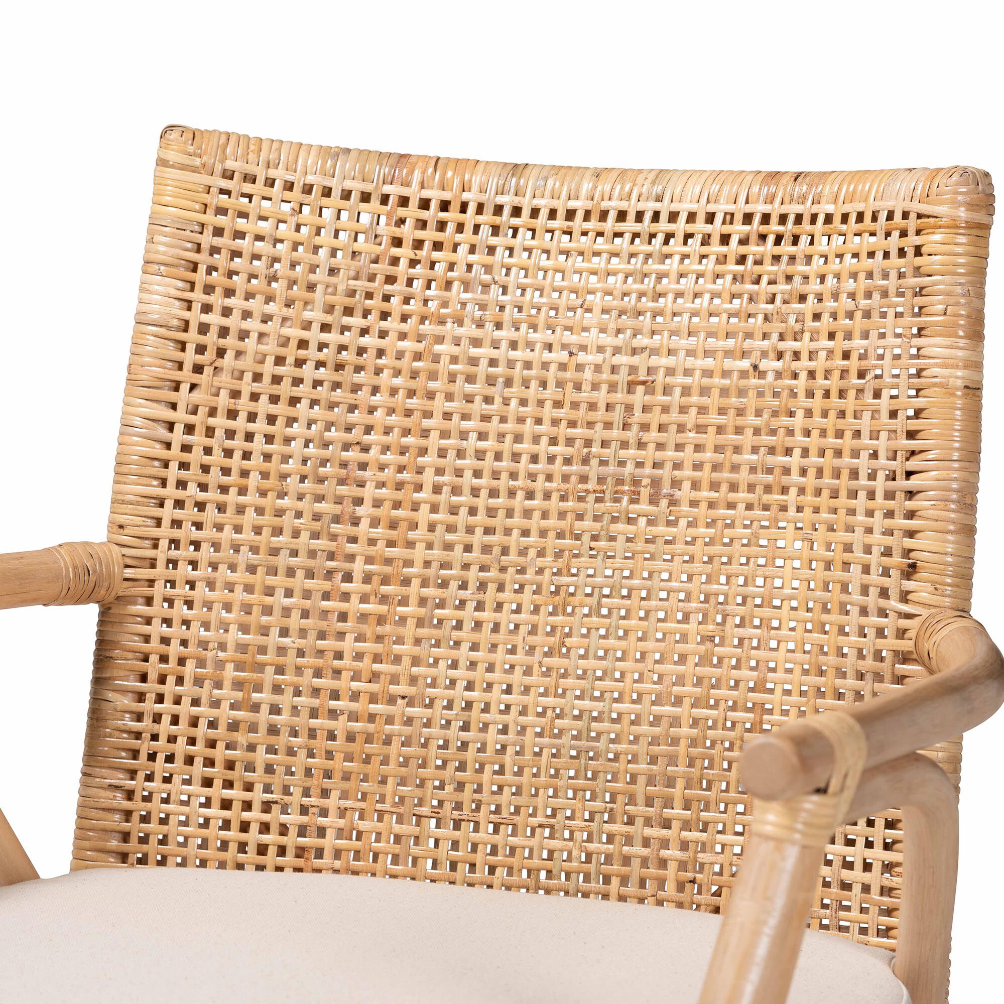 Storsel Modern Bohemian Natural Brown Finished Teak Wood and Rattan Dining Chair, CREAM, alternate image number 6
