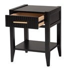 Black mid-century nightstand with drawer open and gold pull