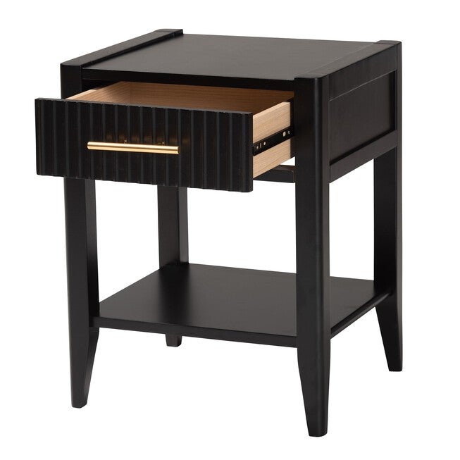 Black nightstand with open drawer, gold bar handle
