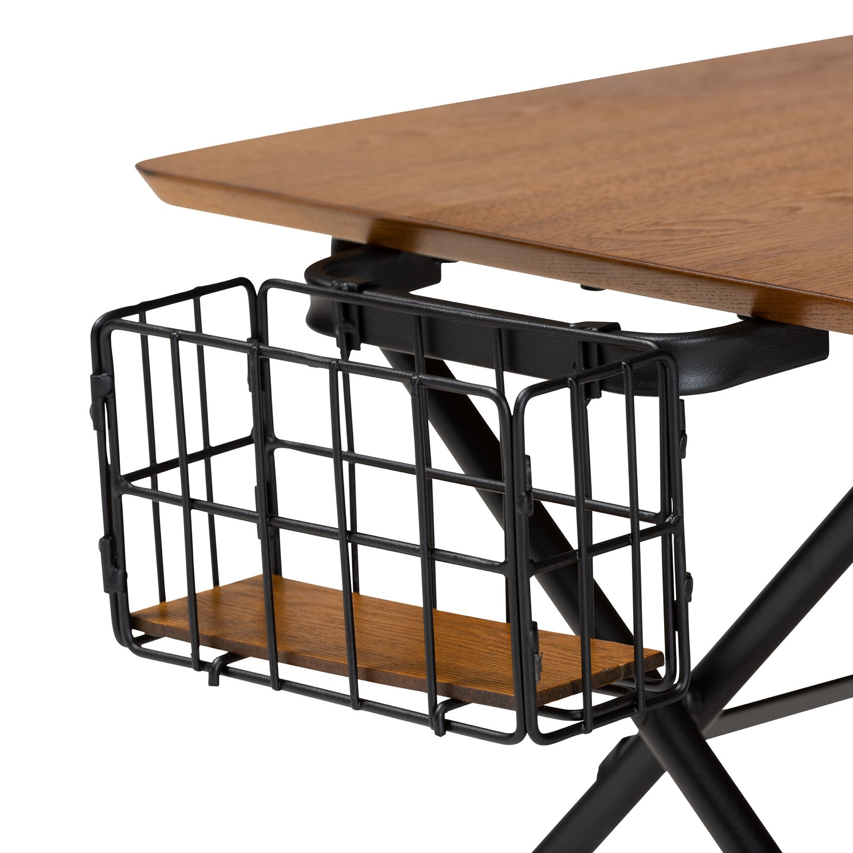 Close-up of metal basket attached to table
