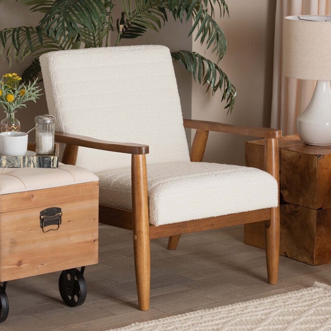 Stratton Mid-Century Modern Cream Boucle Fabric And Walnut Brown Finished Wood Armchair, , alternate image number null