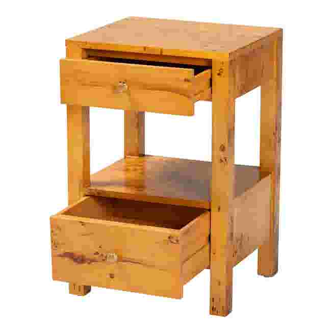 A wooden nightstand with two drawers, one open and one closed, shown against a white background.