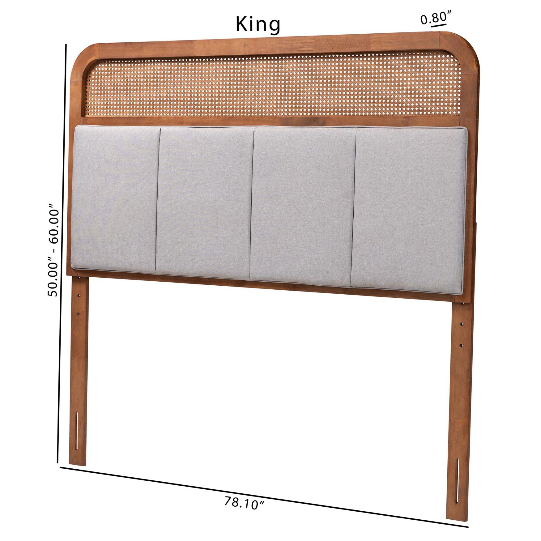 Esti Mid-Century Modern Light Grey Fabric And Ash Walnut Finished Wood King Size Headboard With Rattan, , alternate image number 6