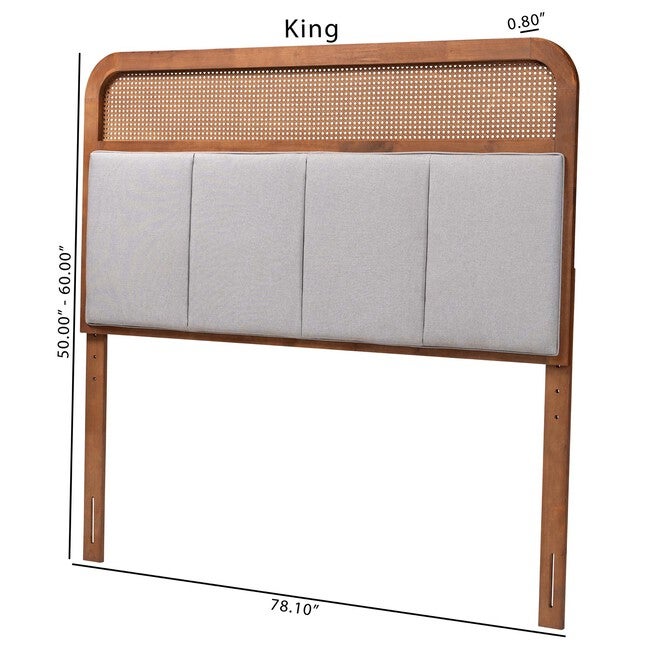 Esti Mid-Century Modern Light Grey Fabric And Ash Walnut Finished Wood King Size Headboard With Rattan, , alternate image number 6