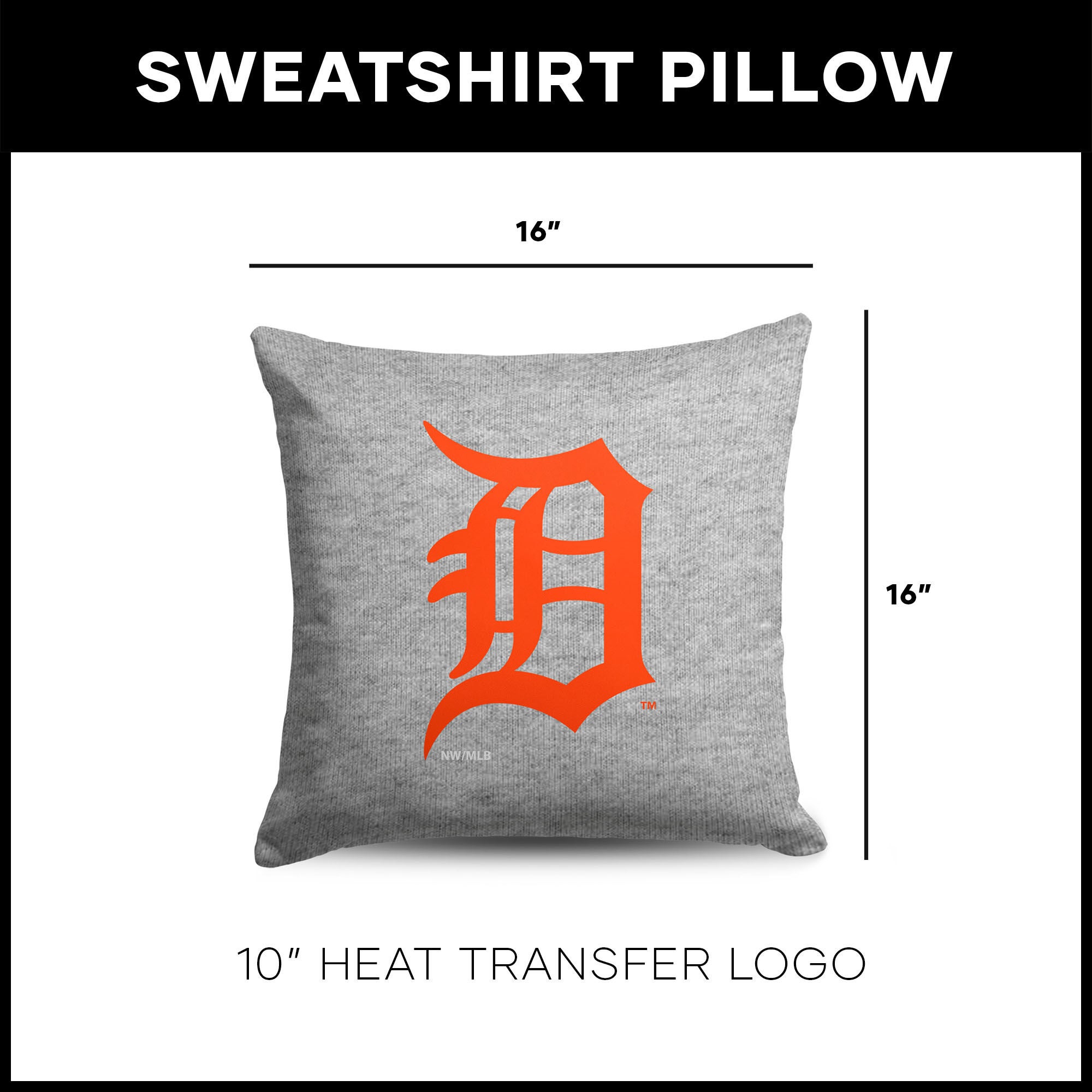 Detroit Tigers MLB Primary Sweatshirt PIllow 16 Inches, GRAY, alternate image number 4