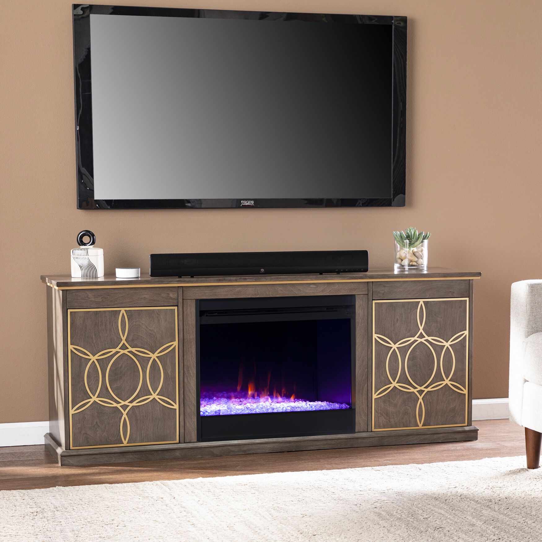 Yardlynn Fireplace Console W Media Storage, BROWN, hi-res image number 0