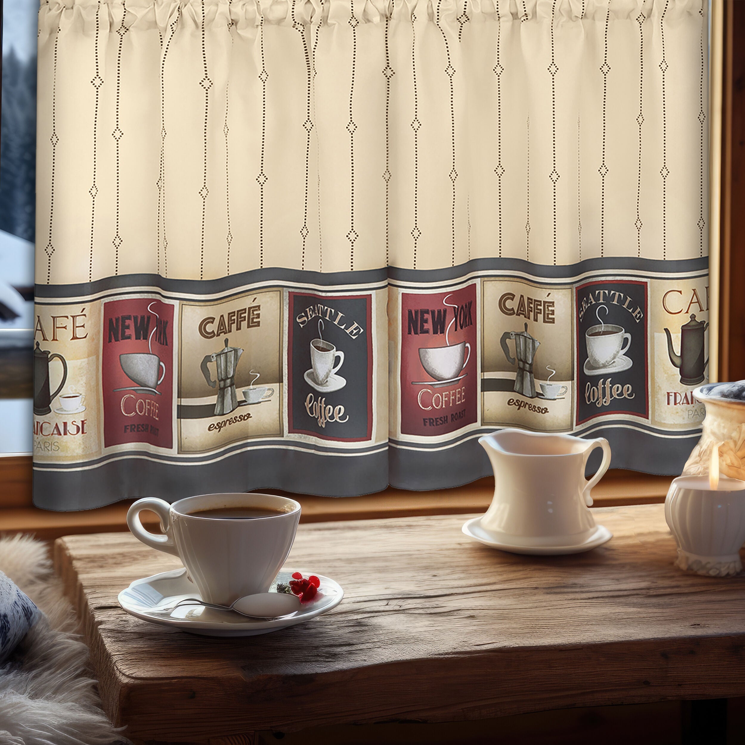 Cozy Caf&eacute; Printed Tier & Valance Set, TAN, alternate image number 4