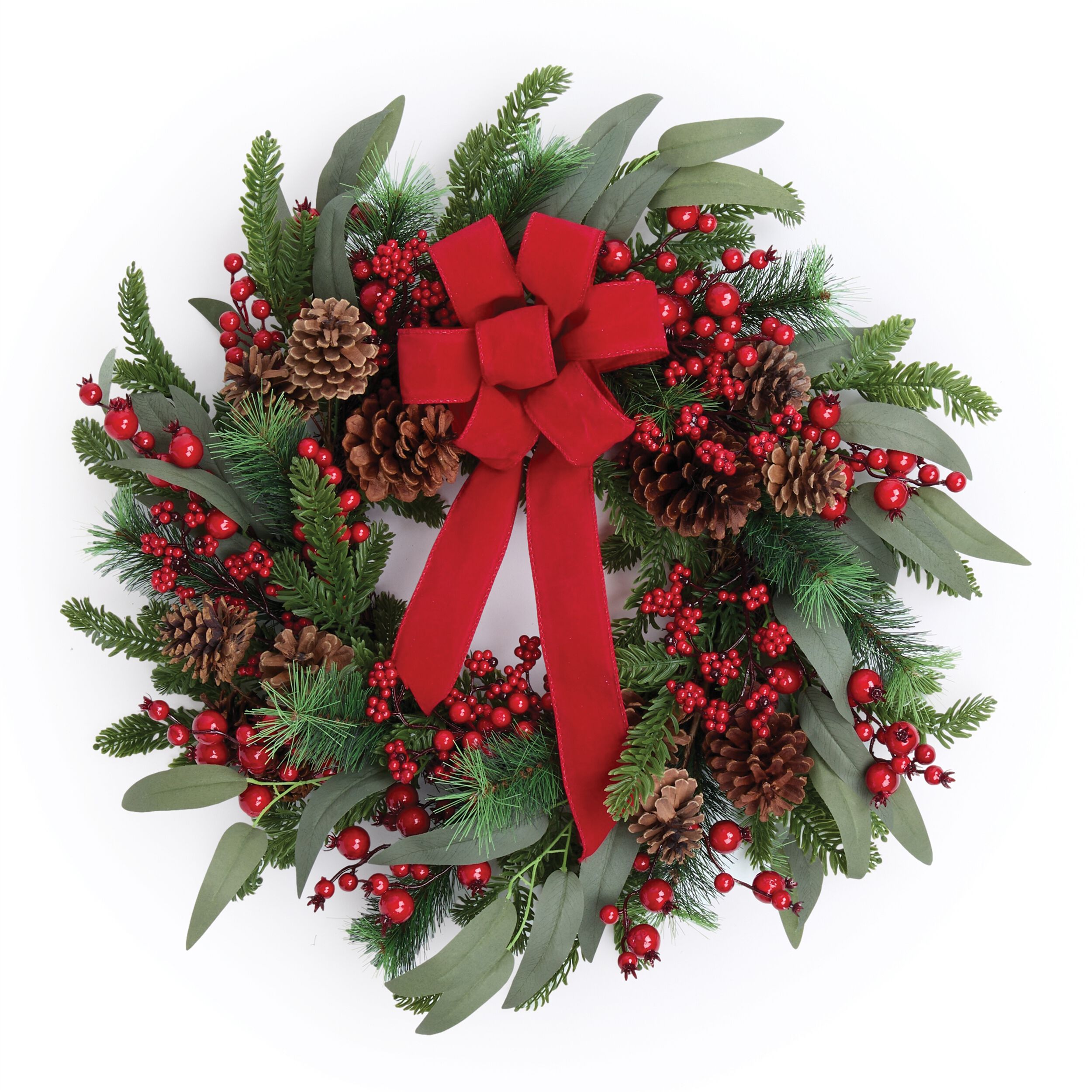 Fresh Touch Pine and Berry Wreath with Bow 24 inchesD, RED GREEN BROWN, hi-res image number 0