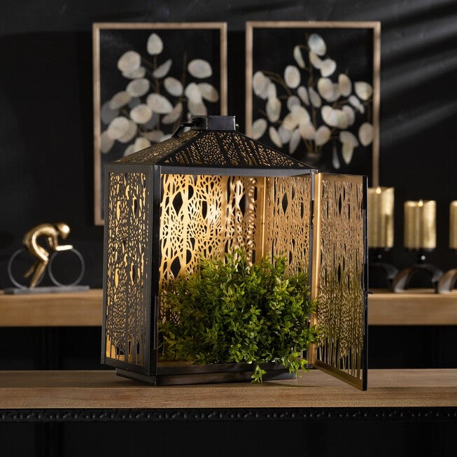 Forest Cut Metal Lantern with Gold Accent 16 inchesH, BLACK/GOLD, alternate image number null