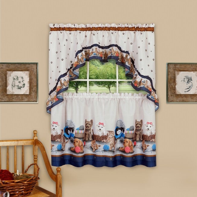 Precious Printed Tier and Swag Window Curtain Set, NAVY, hi-res image number 0