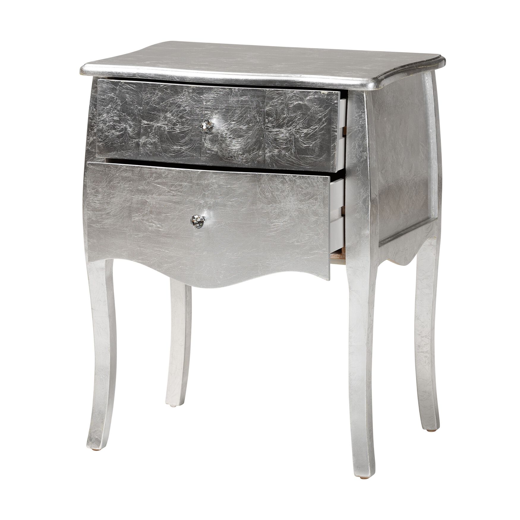 Silver mirrored two-drawer nightstand with curved legs