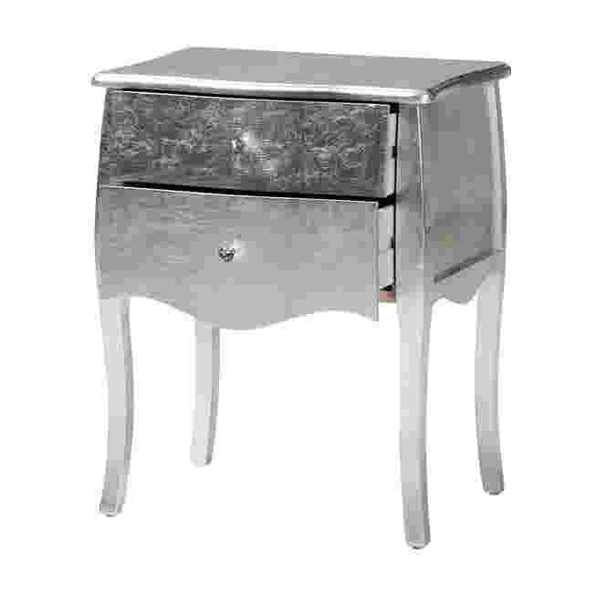 Silver mirrored two-drawer nightstand with curved legs