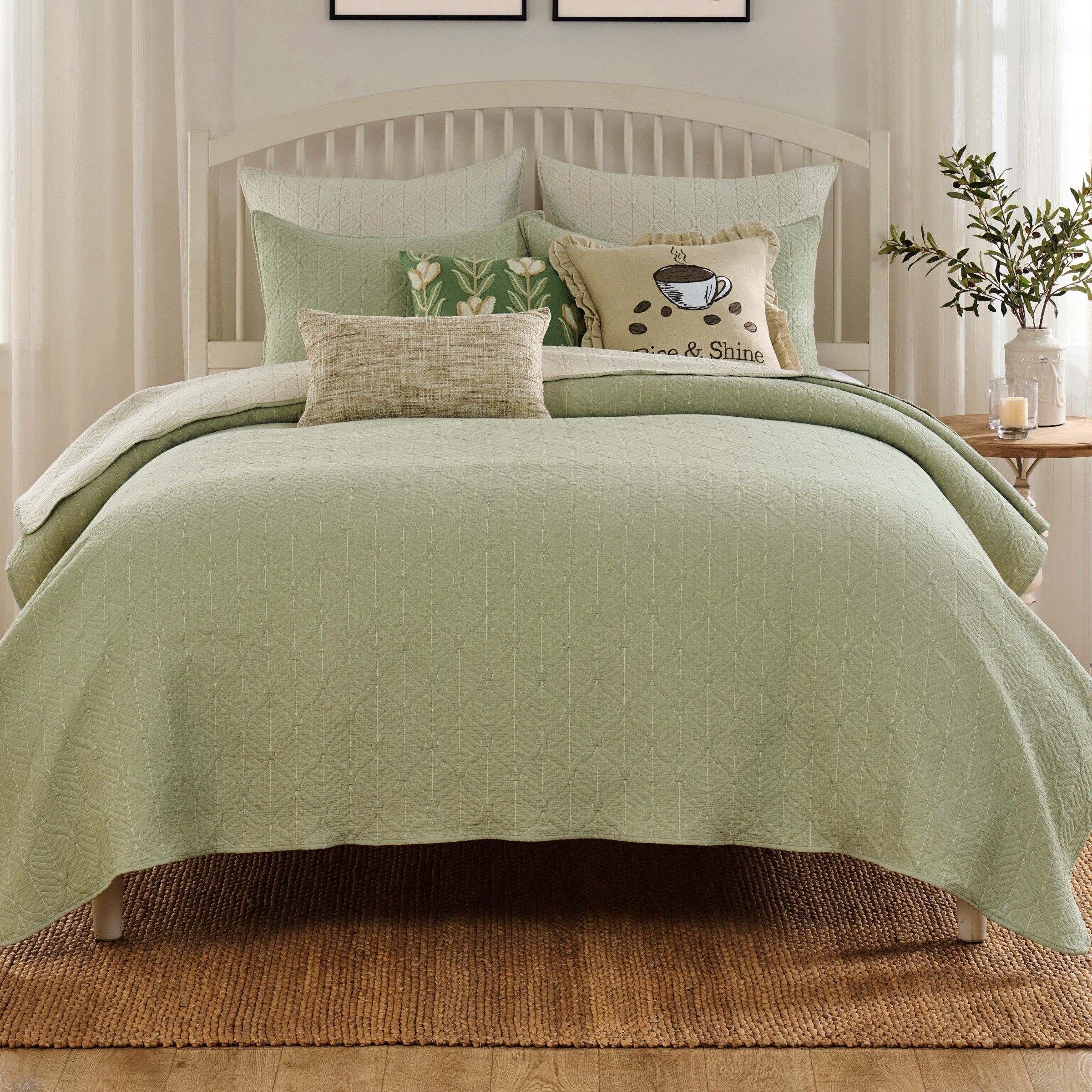 Harper 100% Cotton Leaf Cool Sleep Coverlet Set, SAGE, hi-res image number 0