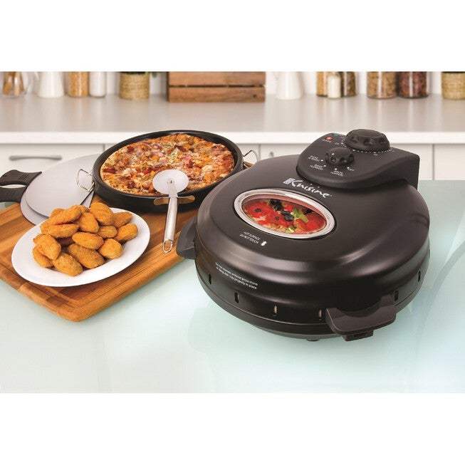 Euro Cuisine 12 inches Rotating Pizza Maker with Stone & Baking Pan, BLACK, hi-res image number null