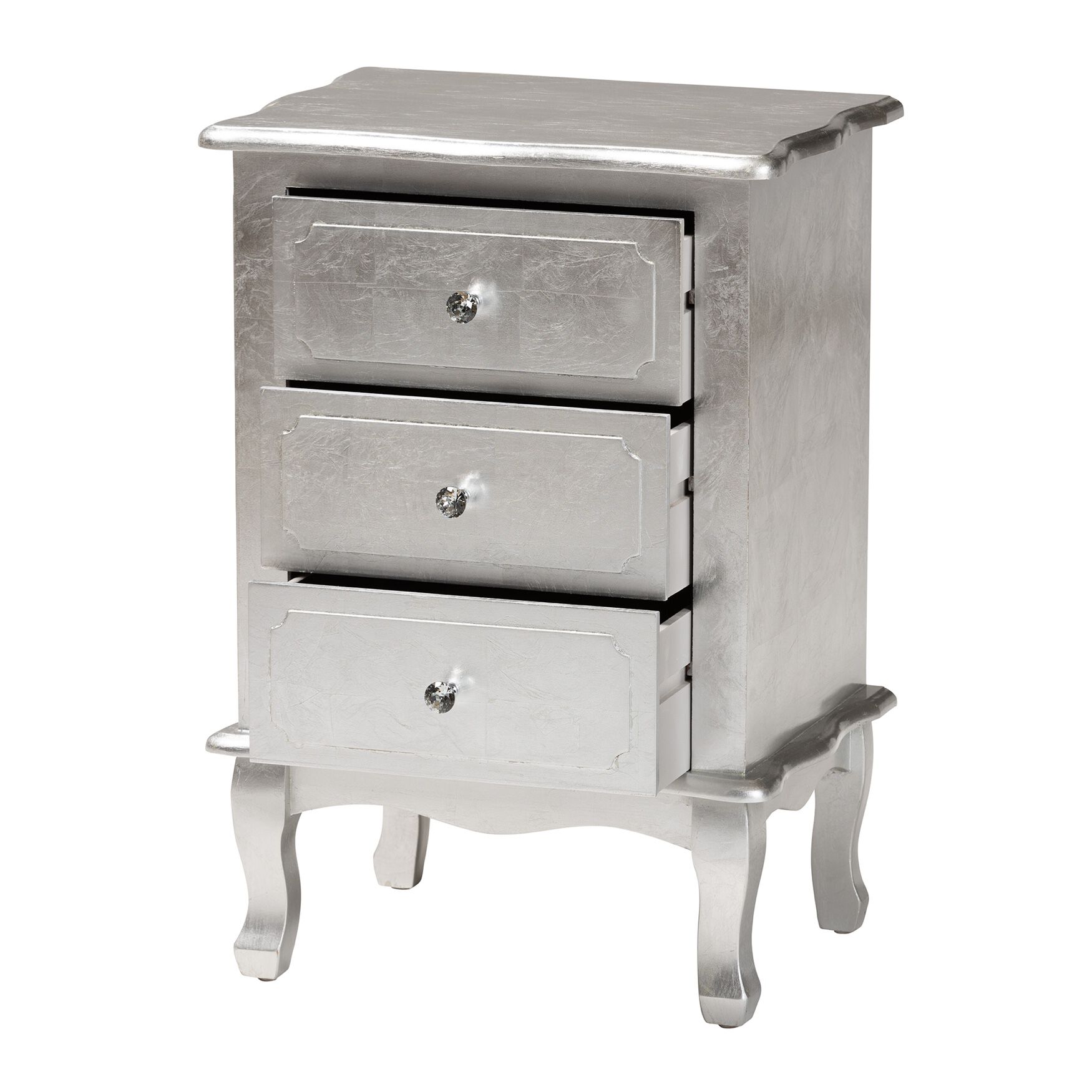 Three-drawer silver nightstand with curved legs